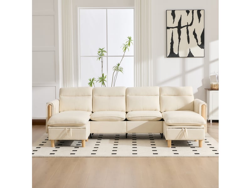 Canapé droit 4 pl 261x77x86 cm poches latérales et pieds en bois, 2 poufs de rangement, tissu chenille beige, pour le salon - Conforama D