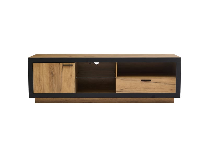 Meuble tv led 160 cm noir et effet chêne, meuble tv pour écran de 40 à 70 pouces avec rangements et éclairage rvb - Conforama A