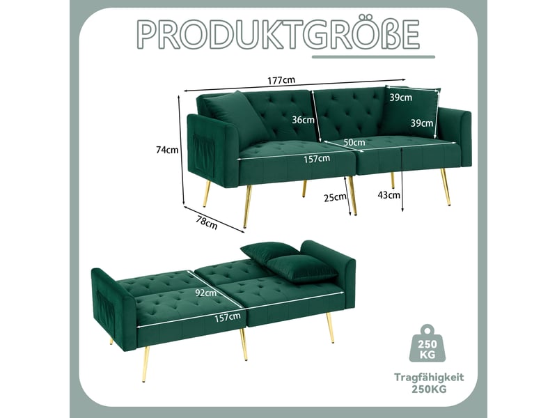 Canapé convertible 2 places avec dossier réglable - coussins inclus, velours, pieds en métal - vert - Conforama D