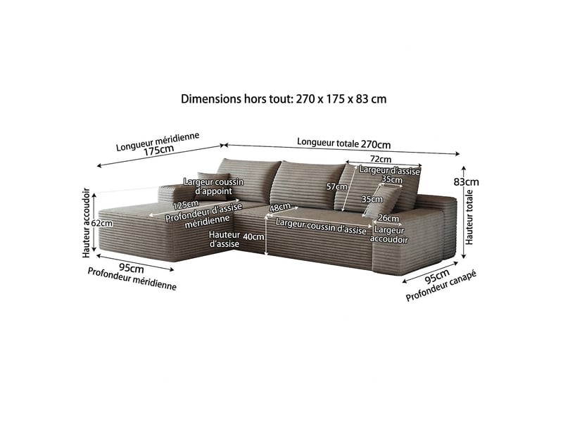  Canapé d'angle modulaire sans montage 270 cm canapé 3 places - méridienne en l assise profonde  - Conforama C