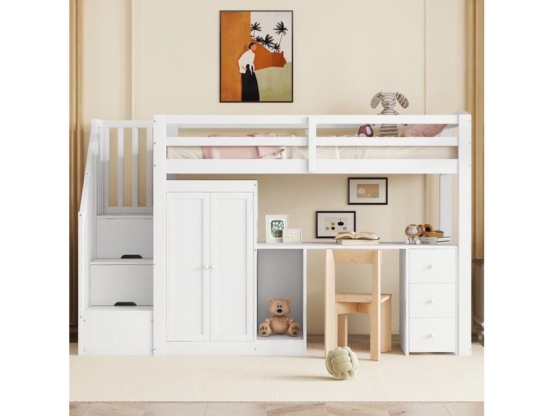  Lit mezzanine 90 x 200 cm avec sommier, bureau, armoire, escalier et tiroirs blanc  - Conforama D