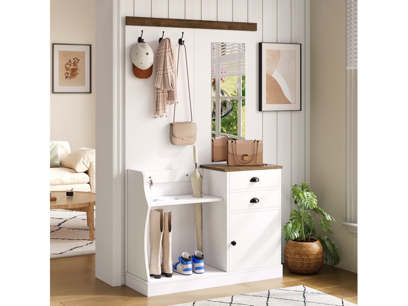  Meubles d'entrée avec miroir, 2 tiroirs, porte et crochets pour entrée, blanc et bois, 110,5 × 38 × 191 cm  - Conforama B