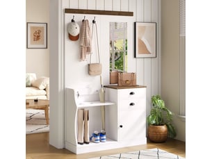 Meubles d'entrée avec miroir, 2 tiroirs, porte et crochets pour entrée, blanc et bois, 110,5 × 38 × 191 cm