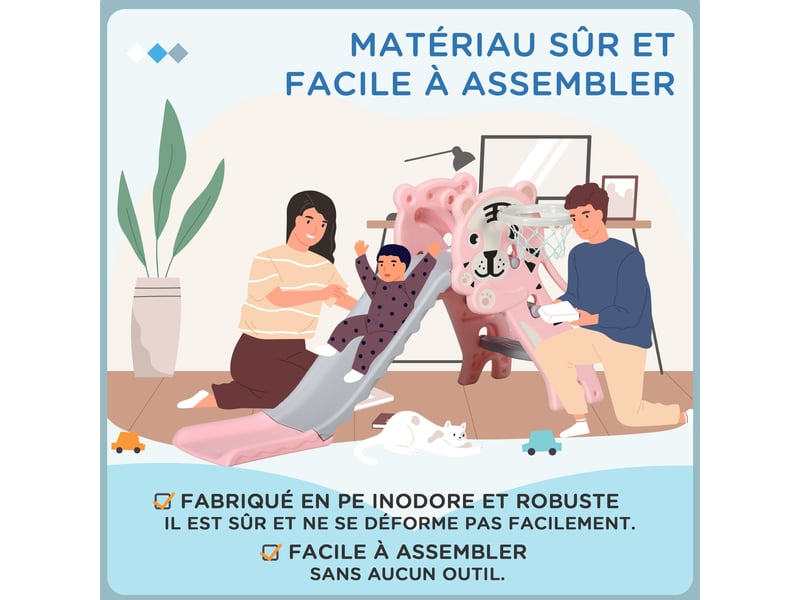 Toboggan pour enfants, toboggan intérieur pour enfants, avec panier de basket, thème tigre, de 18 à 36 mois, rose - Conforama W