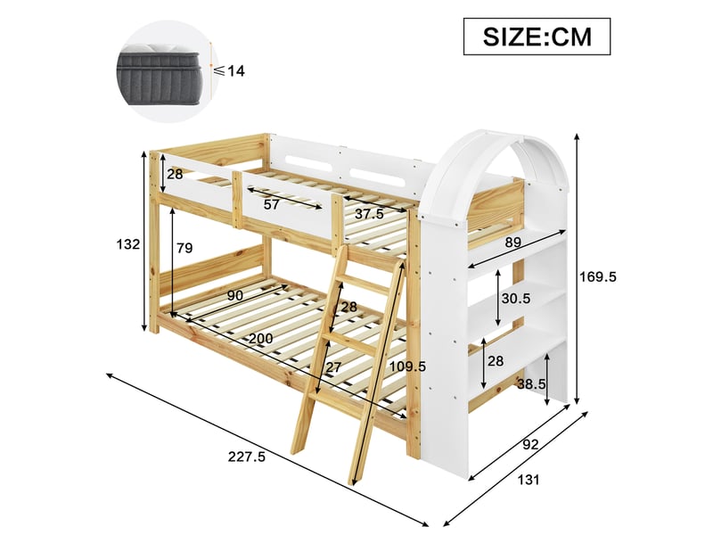 Lit superposé enfant 90x200 cm – blanc et naturel – étagère 3 niveaux, échelle, barrières – sans matelas - Conforama C
