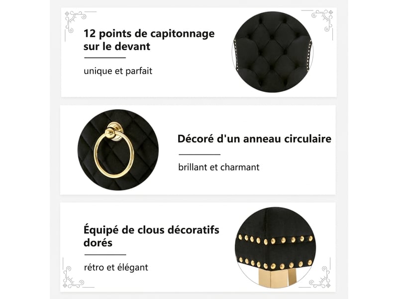  Lot de 6 chaises de salle à manger en velours noir, pieds en acier inoxydable doré, anneau au dos  - Conforama D