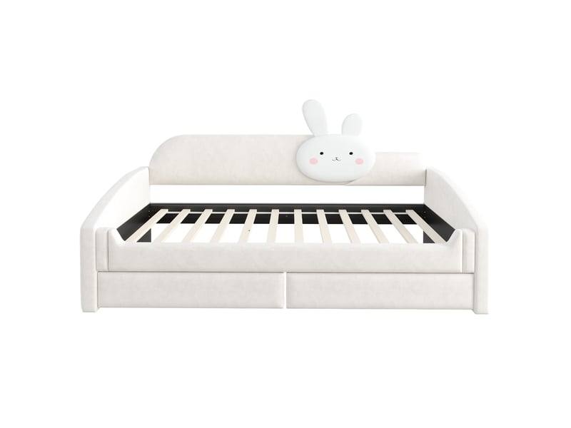 Lit banquette 90x200 cm - lit enfant simple avec 2 tiroirs et LED - dossier avec coussin lapin - velours - beige - Conforama R