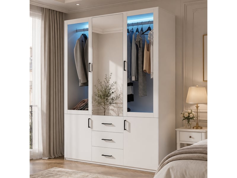  Armoire blanc,led,2 portes transparentes, miroir ,3 tiroirs ,1 penderies,2 portes battantes,l 130 x h 181.5 x p 51.8 cm  - Conforama B