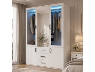 Armoire blanc,led,2 portes transparentes, miroir ,3 tiroirs ,1 penderies,2 portes battantes,l 130 x h 181.5 x p 51.8 cm