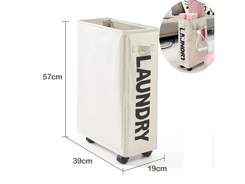  Panier à linge pliable 42l avec roulettes et poches latérales, beige, pour coins étroits, 39 x 19 x 57 cm - beige  - Conforama B
