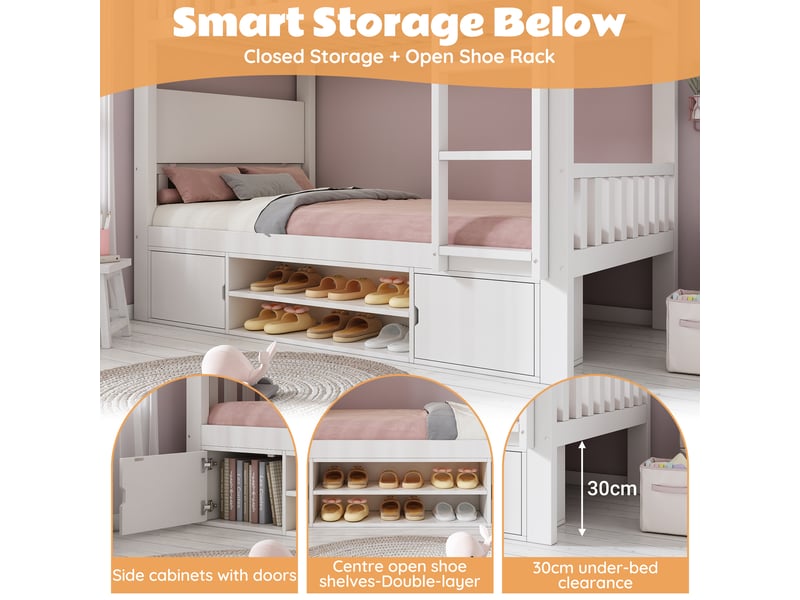 Lit superposé enfant 90×200cm lit double avec avec tablette rabattable et range-chaussures intégré sommier à lattes blanc BUBBLY - Conforama D