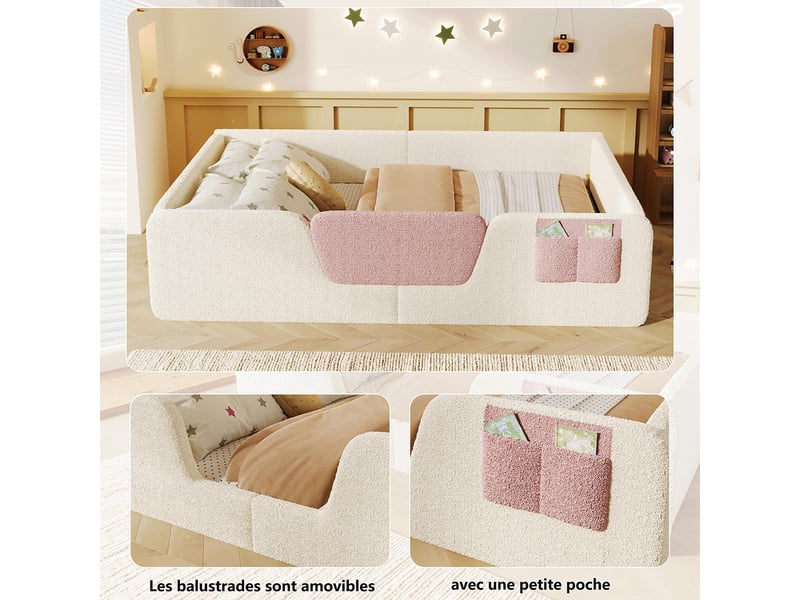  Lit enfant rembourré 140x190 cm, barrières amovibles, poche intégrée, avec sommier à lattes, tissu velours, beige, sans matelas  - Conforama C