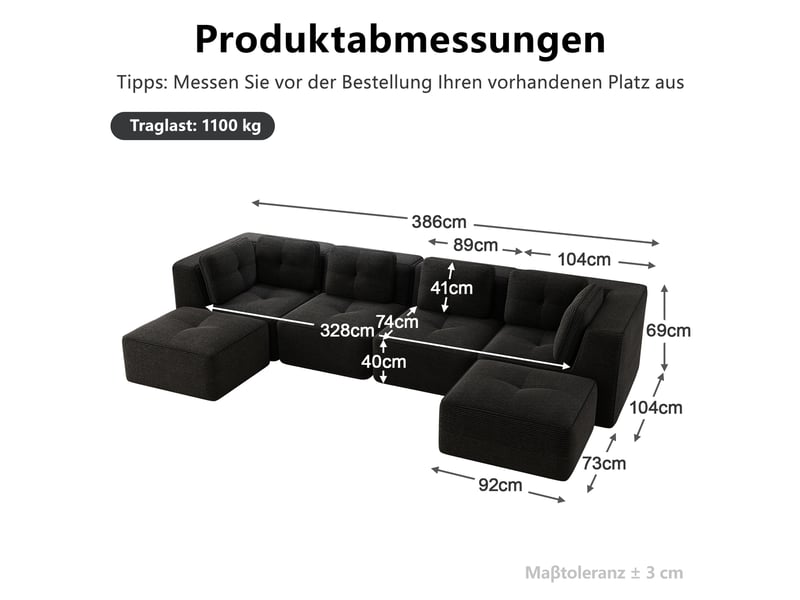 Canapé d'angle, canapé convertible – forme u, sans cadre, base antidérapante, noir, avec pouf, sans montage - Conforama E