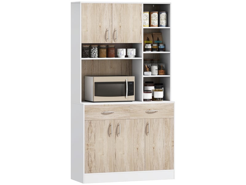  Buffet de cuisine, portes de tiroirs et compartiments ouverts, 100 cm (l) x 39 cm (p) x 181,5 cm (h), blanc et bois  - Conforama A