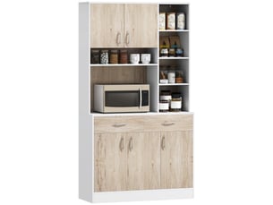 Buffet de cuisine, portes de tiroirs et compartiments ouverts, 100 cm (l) x 39 cm (p) x 181,5 cm (h), blanc et bois