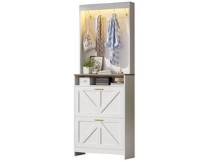 Armoire à chaussures led avec 2 abattants et crochets pour entrée et couloir, blanc et naturel, 70 × 24 × 180 cm
