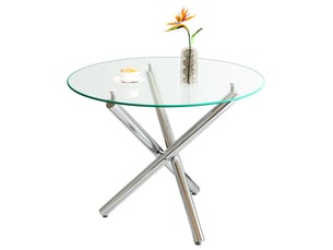 Table de salle à manger ronde 80 x 80 x 77 cm, verre trempé transparent et métal argenté, 2 à 4 personnes