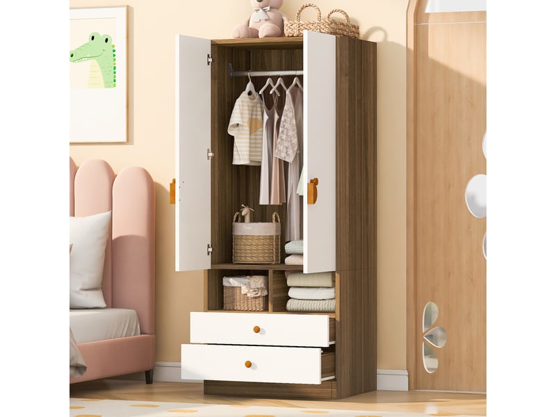  Armoire simple 70 x 50 x 170 cm avec 2 tiroirs, compartiments de rangement et poignées fantaisie, finition effet bois naturel, meuble compact pour chambre ou salon OPULERANE TRADING LTD - Conforama B