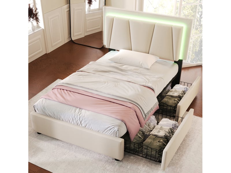  Lit simple 90x200 cm avec led, tête de lit réglable et 2 tiroirs beige  - Conforama D