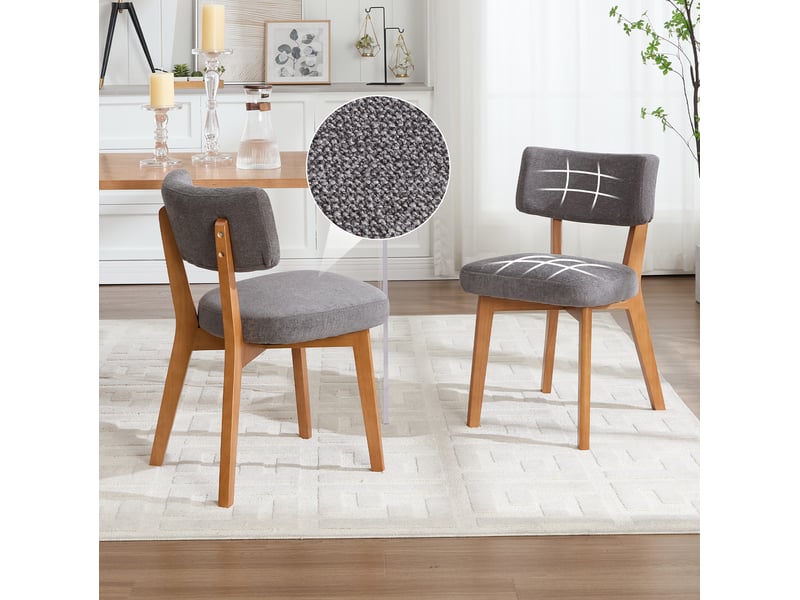  Lot de 2 chaises de salle à manger rembourrées avec dossier ergonomique et pieds en bois massif, tissu gris  - Conforama C