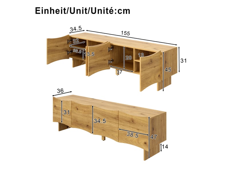  Meuble tv moderne motif vague 155 cm - 4 portes passe-câbles intégré aspect bois naturel  - Conforama C