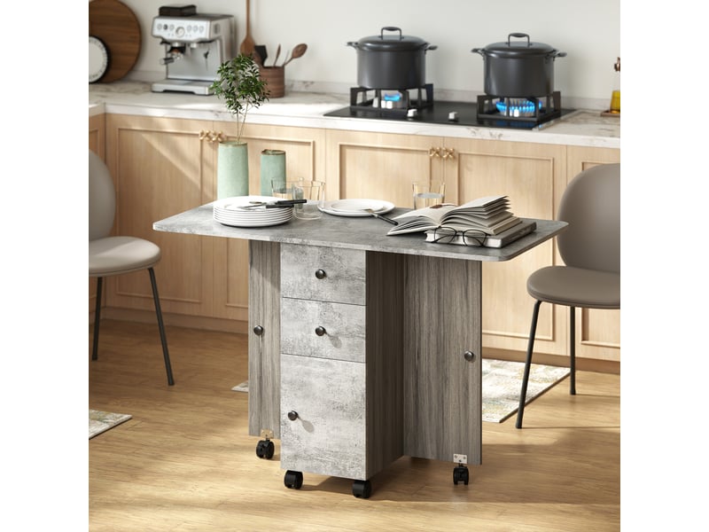  Table pliante avec 2 tiroirs et un placard, 6 roulettes avec freins, 120 x 60 x 76,5 cm, bois et gris roche  - Conforama C