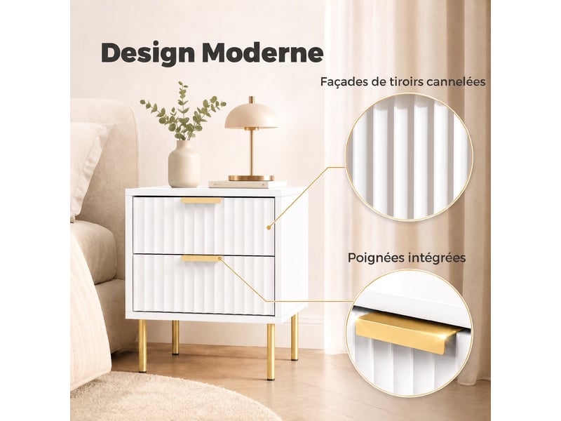  Table de chevet, table de nuit cannelée avec 2 tiroirs et pieds en acier, pour chambre à coucher, salon, blanc  - Conforama D