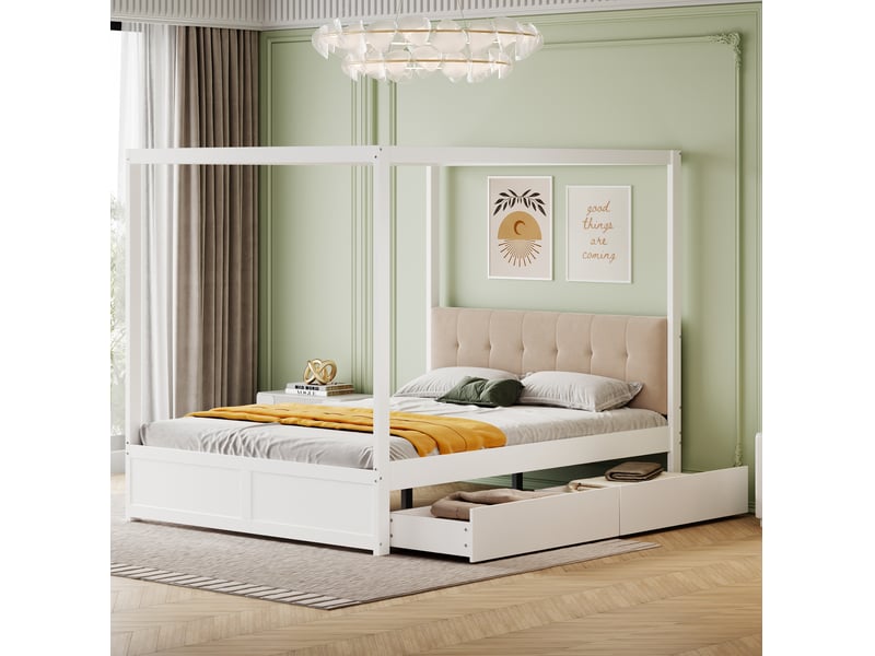  Lit avec rangement tcqpz 140 x 200 cm blanc avec dossier rembourré et 2 tiroirs  - Conforama B