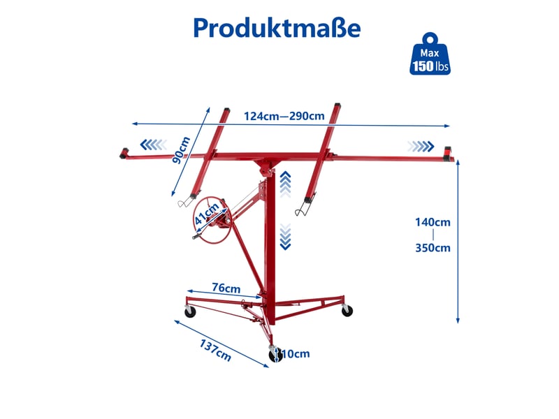  Lève-plaques pour plaques de plâtre, charge 68 kg, hauteur 140 à 350 cm, acier rouge, inclinaison 60 degrés  - Conforama C