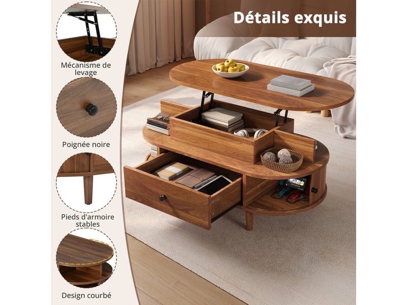  Table basse ovale 105 x 50 x 60,5 cm avec plateau relevable hydraulique, rangement caché, 2 niches, tiroir et portes coulissantes, mdf, noyer OMNIGLINT TRADING LTD - Conforama E
