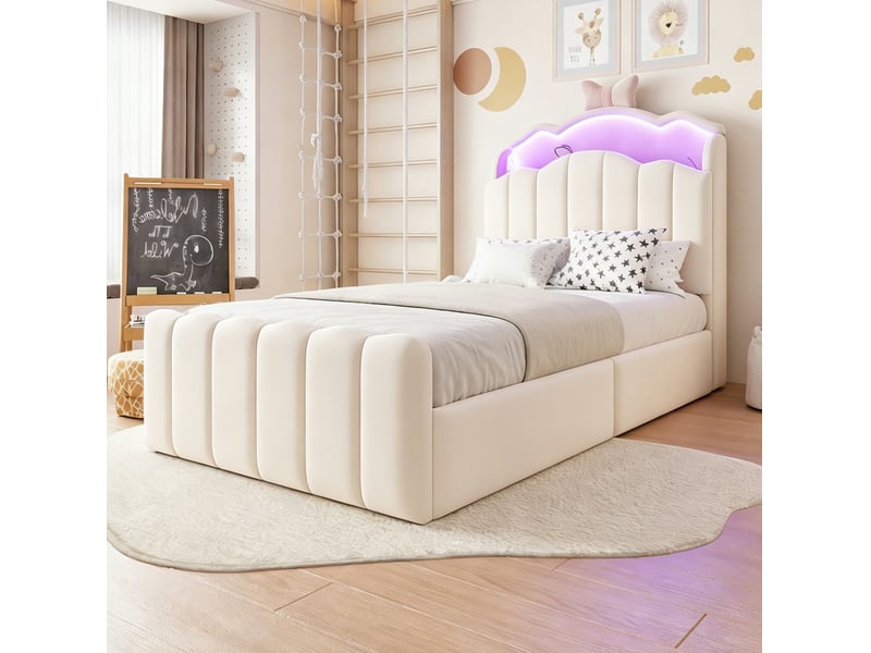  Lit enfant 90x200 cm en velours avec rangement hydraulique, led et usb, beige  - Conforama D