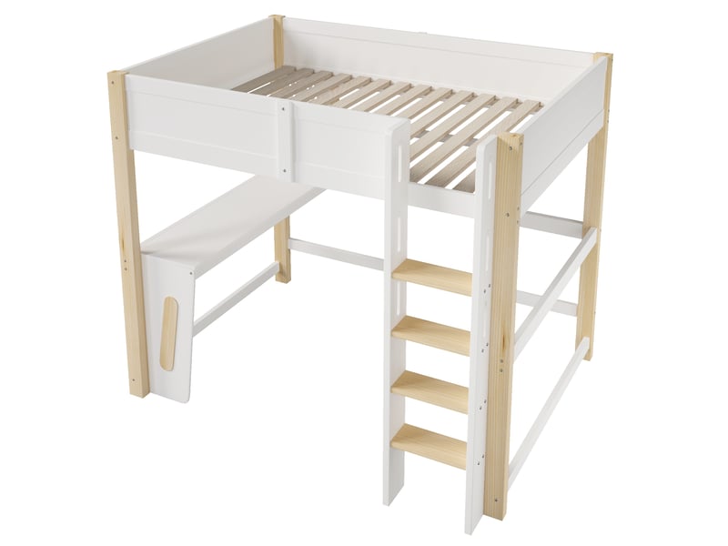 Lit mezzanine 2 places 140 × 200 cm avec bureau, panneau perforé et led réglable, sans matelas, en pin naturel - Conforama E