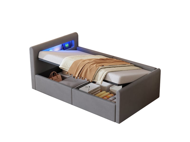  Lit enfant 90x200cm - avec led nuit et port usb - rangement hydraulique caché - dossier latéral réversible - velours doux - capacité 200kg - gris  - Conforama A
