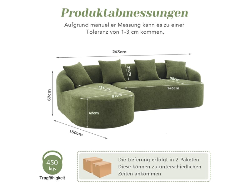 Canapé d’angle 3 places avec chaise longue gauche en chenille vert 243x150 cm - Conforama C