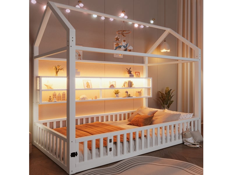  Elvmi lit enfant 90x200 cm en métal blanc, structure maison avec barrières de sécurité et éclairage led 7 couleurs, lit plateforme avec toit décoratif, cadre robuste pour chambre d’enfant, dimensions 204 x 95 x 170 cm  - Conforama D