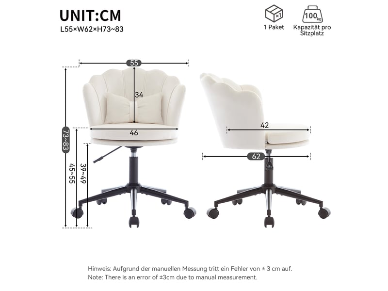  Chaise de bureau beige en velours réglable et pivotante à 360°  - Conforama C