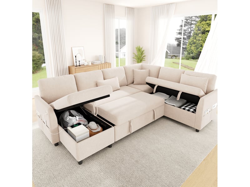  Canapé d’angle convertible tcqpz 6 places 255 x 196 x 85 cm rangement usb type-c beige  - Conforama D