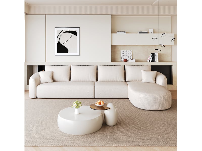  Canapé d'angle droit modulaire modenvie 336 x 168 x 85 cm 5 places en tissu chenille blanc sans montage  - Conforama D