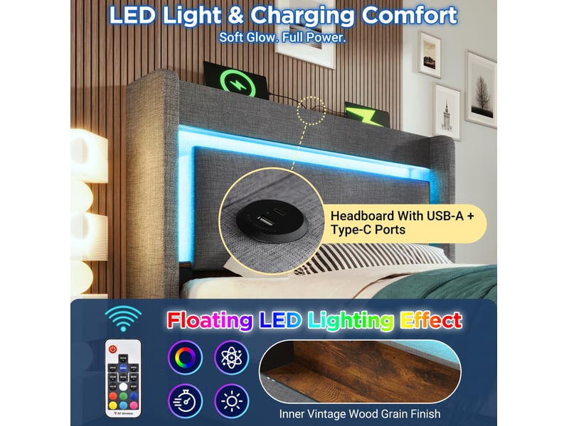  Lit coffre 90 × 200 cm 1 place avec led réglable, usb et usb-c, tiroir, matelas inclus, gris en lin  - Conforama E