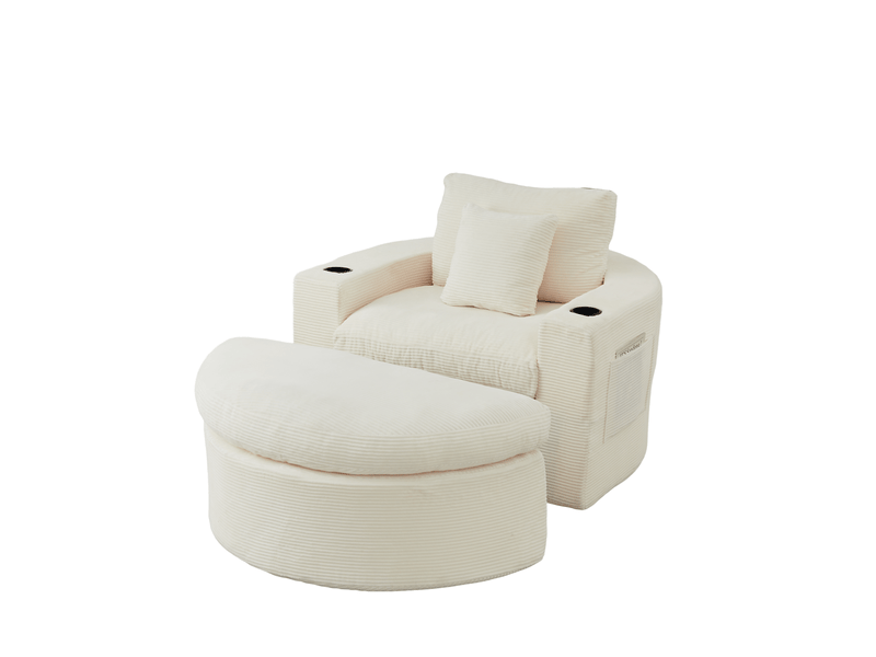  Fauteuil lounge convertible 1 place en velours côtelé beige avec pouf, rangement latéral et porte-gobelets intégrés  - Conforama A