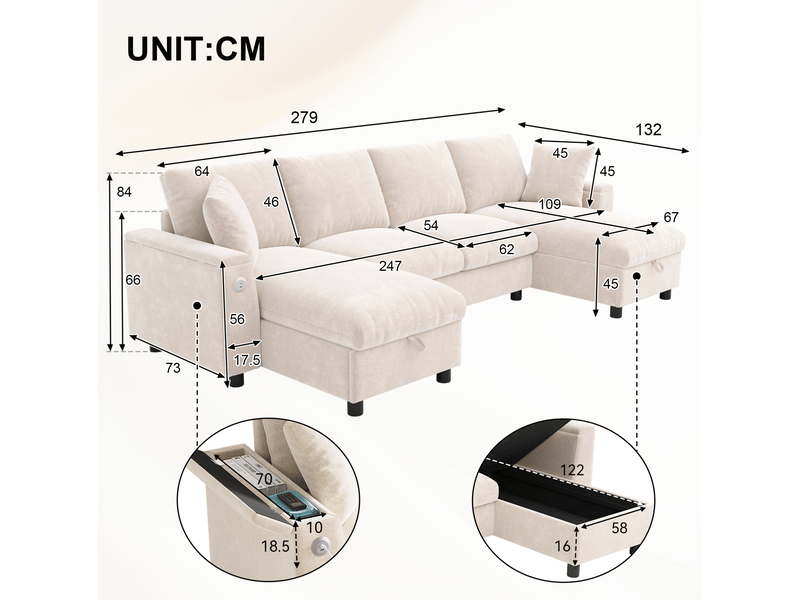  Canapé en u 279x135x84 cm avec rangement, 1 port usb et 1 port type-c, chenille, beige  - Conforama B