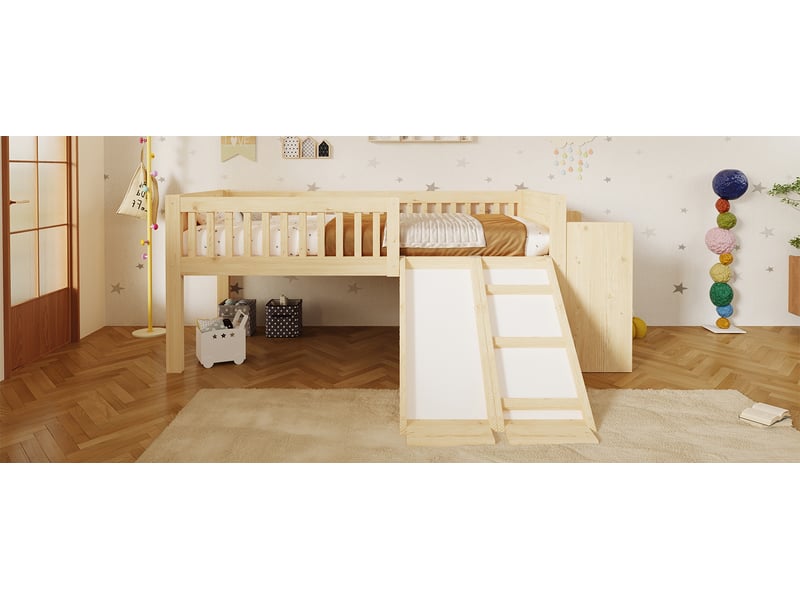  Lit enfant surélevé 90 × 200 cm, toboggan et rangements, bois naturel  - Conforama B