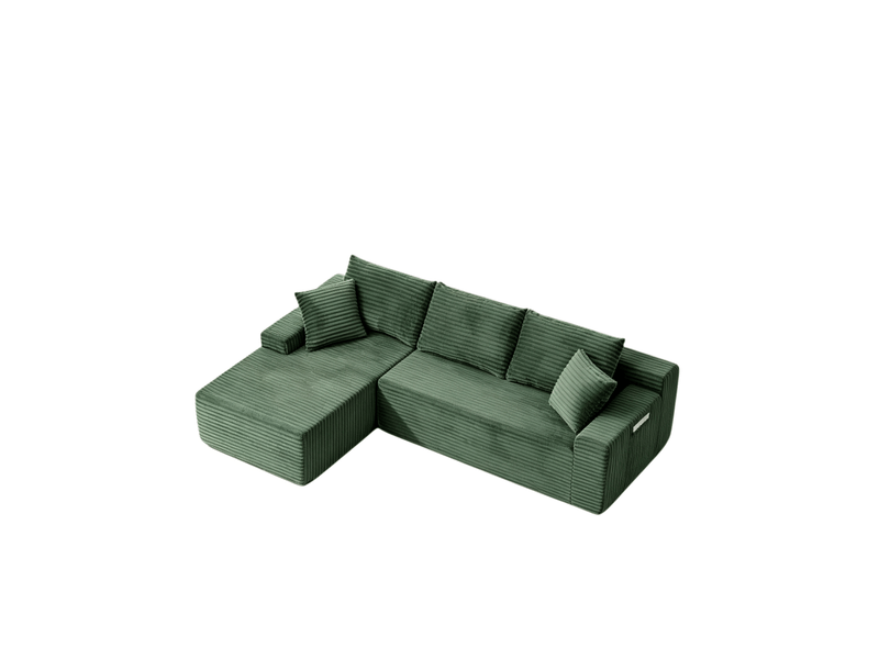  Canapé d’angle modulable 4 places en velours côtelé vert, 239x156x79 cm  - Conforama D