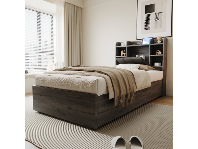 Lit coffre 90 x 200 cm, coffre à relevage hydraulique, ports usb, étagères de rangement, sommier à lattes, pour la chambre, mdf, gris ABC - Conforama D