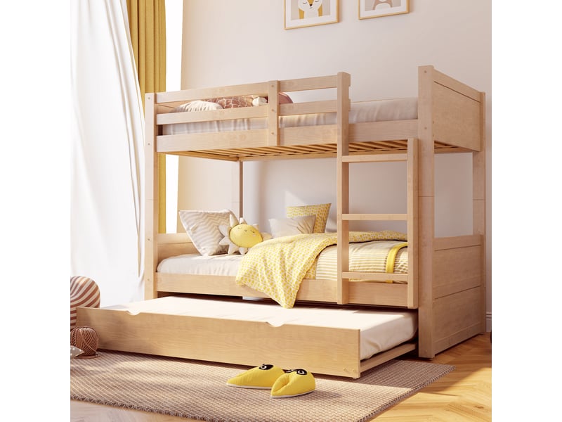 Lit superposé 90x200 cm convertible naturel, lit enfant 3-en-1 avec lit gigogne, 2 lits simples séparables, échelle sécurisée et sommier inclus - Conforama B