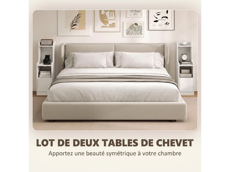  Lot de 2 tables de chevet avec station de charge, étagères ouvertes, tables de nuit modernes avec tiroir, blanc  - Conforama A