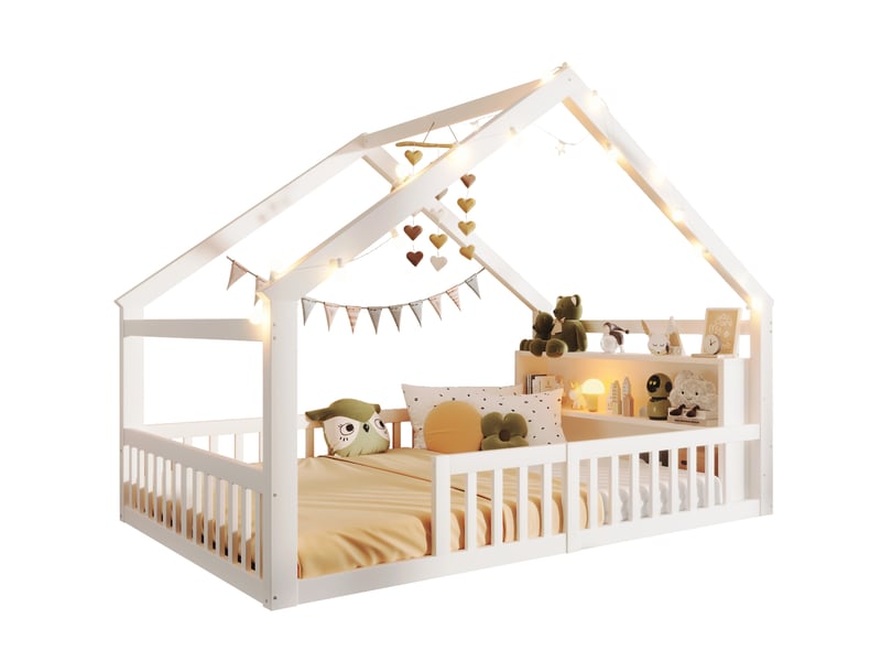  Lit cabane enfant 140x190 cm avec barrières, perles led et rangements intégrés en bois de pin blanc sans matelas  - Conforama A