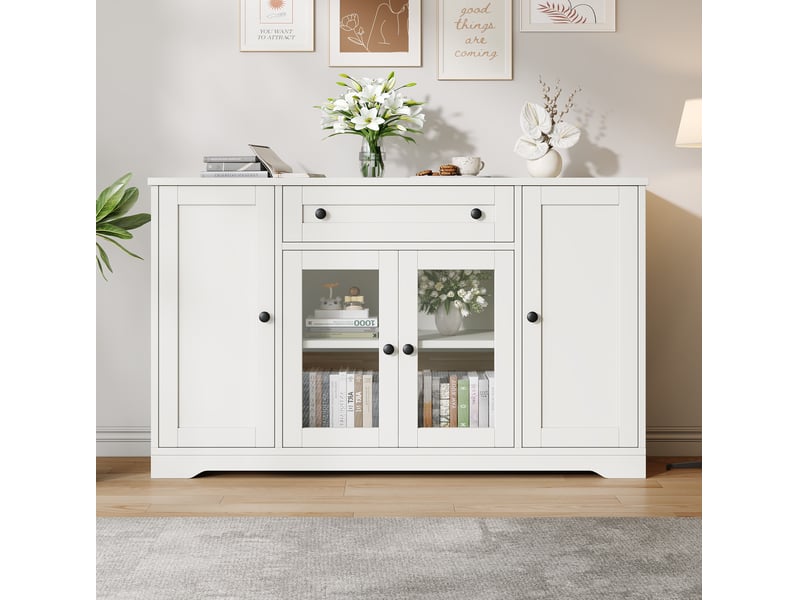Buffet de rangement 4 portes avec vitrines et tiroir 138 cm evryae - Conforama D