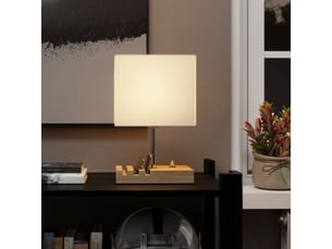 Lampe de chevet avec ports usb, bois et tissu blanc, interrupteur à bascule, étagères de rangement