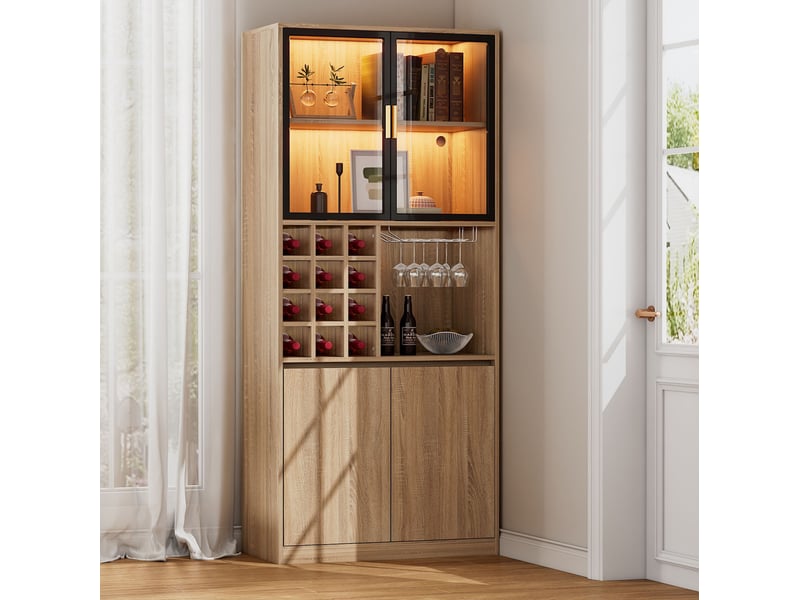  Vitrine avec portes vitrées, éclairage led et porte-verres amovible pour salon, en mdf naturel, 80 × 40 × 180 cm  - Conforama B
